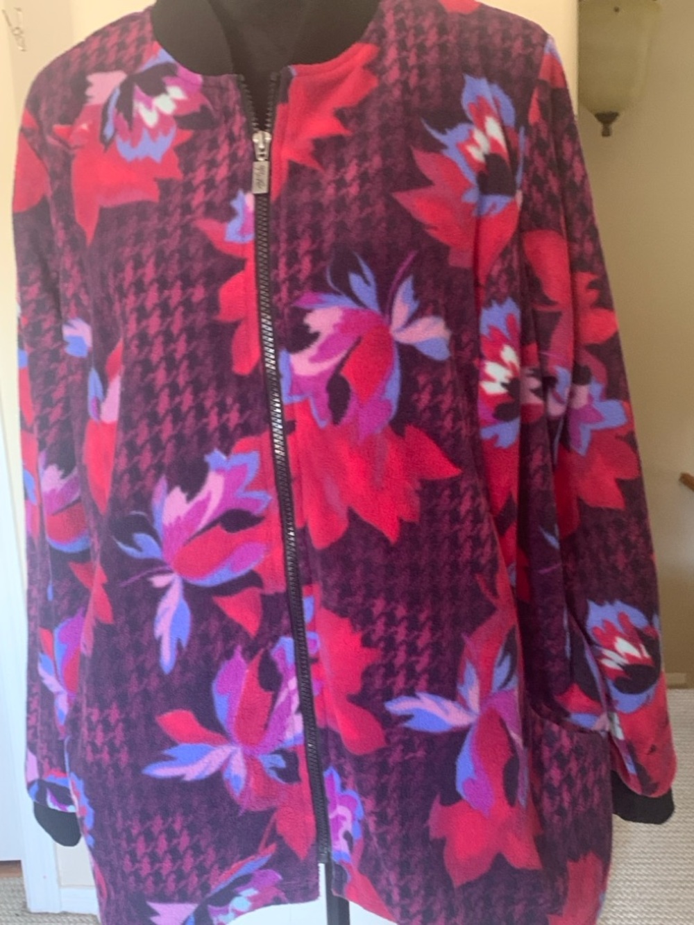 Bob Mackie Floral Houndstooth Bomber Jacket - Purple & Red - Picture 5 of 12